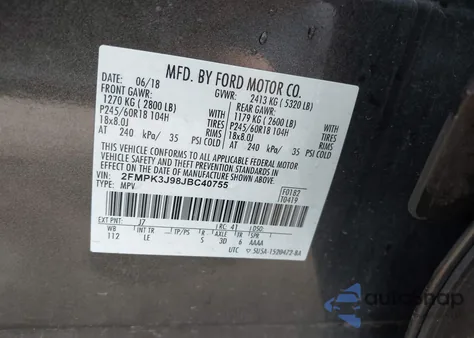 2018 Ford Edge Sel from USA, damaged, VIN 2FMPK3J98JBC40755
